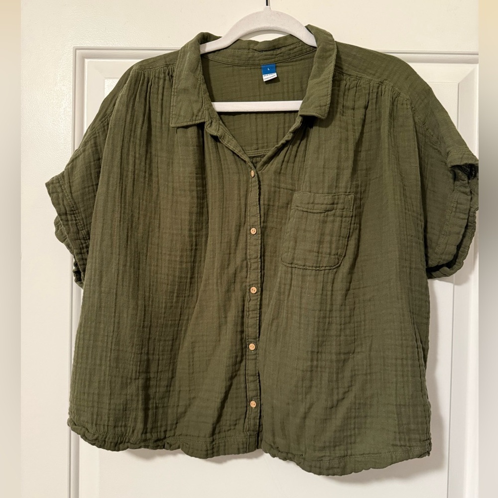 Old Navy Olive Green Button-Down Gauze Shirt